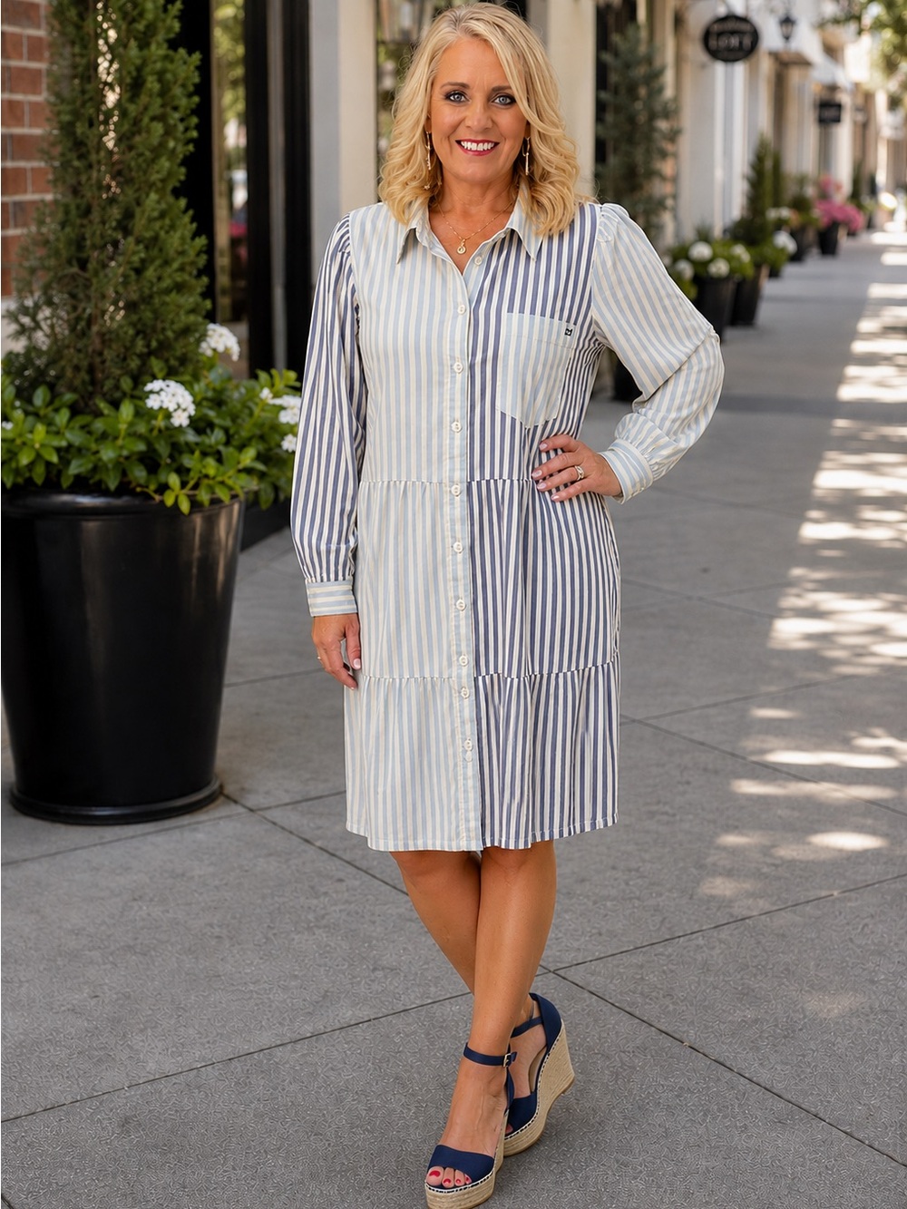 crown & ivy Blue and White Striped Midi Shirt Dress XL